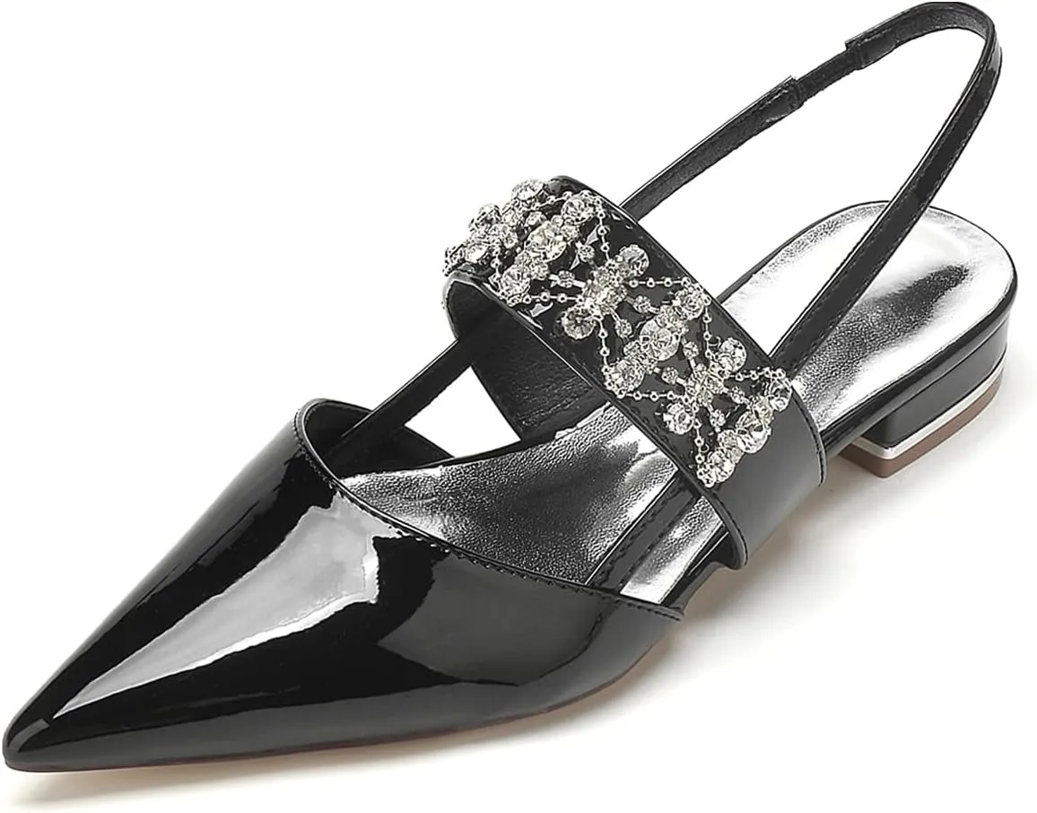 Women's Closed Pointed Toe Rhinestones Slingback Flats Fashion Patent Leather Slip-on Dress Shoes Wedding Bridesmaid Low Block Heels Sandals Comfort Evening Prom Party Shoes