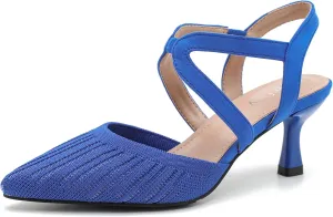 Women's Closed Toe Low Kitten Heel Knit Pumps Elastic Ankle Strap Pointed Toe Slingback Comfortable Dress Wedding Party Shoes