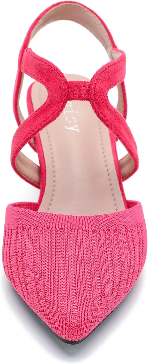 Women's Closed Toe Low Kitten Heel Knit Pumps Elastic Ankle Strap Pointed Toe Slingback Comfortable Dress Wedding Party Shoes