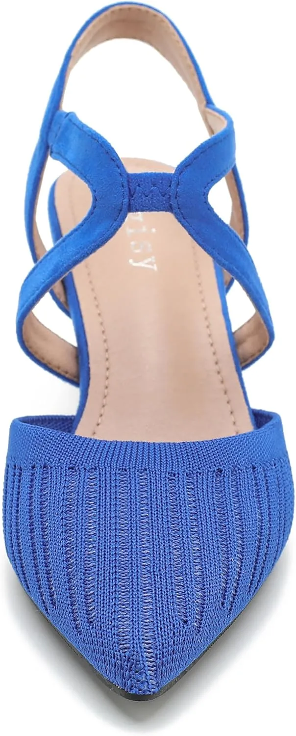 Women's Closed Toe Low Kitten Heel Knit Pumps Elastic Ankle Strap Pointed Toe Slingback Comfortable Dress Wedding Party Shoes