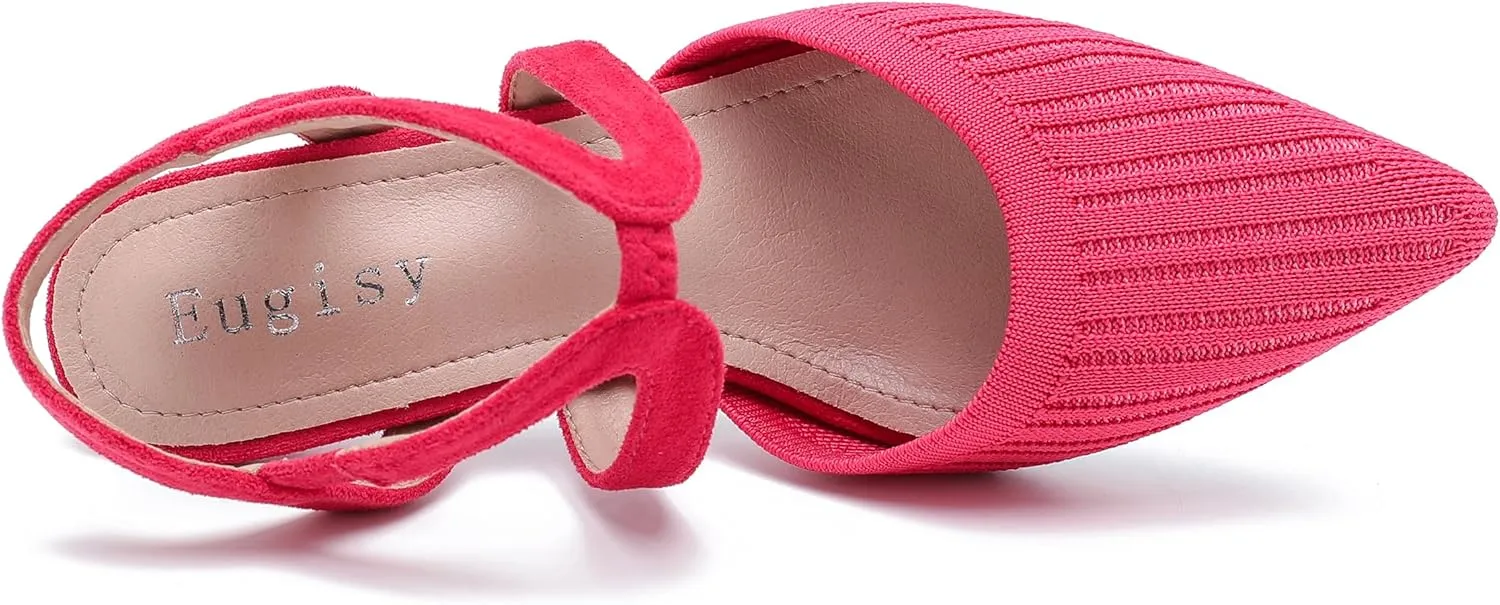 Women's Closed Toe Low Kitten Heel Knit Pumps Elastic Ankle Strap Pointed Toe Slingback Comfortable Dress Wedding Party Shoes