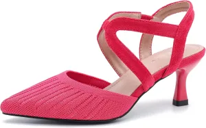 Women's Closed Toe Low Kitten Heel Knit Pumps Elastic Ankle Strap Pointed Toe Slingback Comfortable Dress Wedding Party Shoes