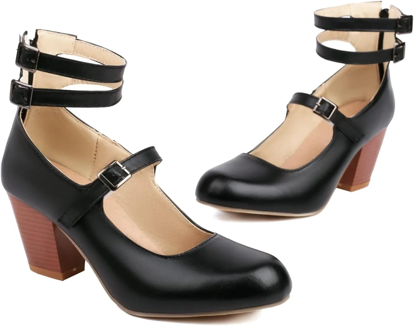 Women's Double Ankle Strap Closed Toe Mary Jane Heels, Classic Vintage Mary Janes Shoes, Chunky Cone Heel Round Toe Pumps