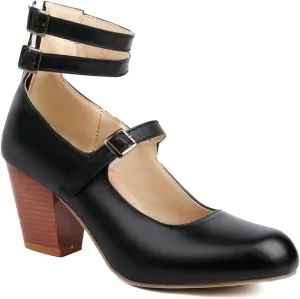 Women's Double Ankle Strap Closed Toe Mary Jane Heels, Classic Vintage Mary Janes Shoes, Chunky Cone Heel Round Toe Pumps