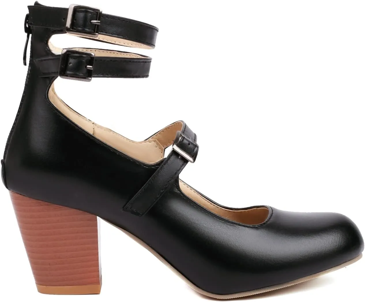 Women's Double Ankle Strap Closed Toe Mary Jane Heels, Classic Vintage Mary Janes Shoes, Chunky Cone Heel Round Toe Pumps