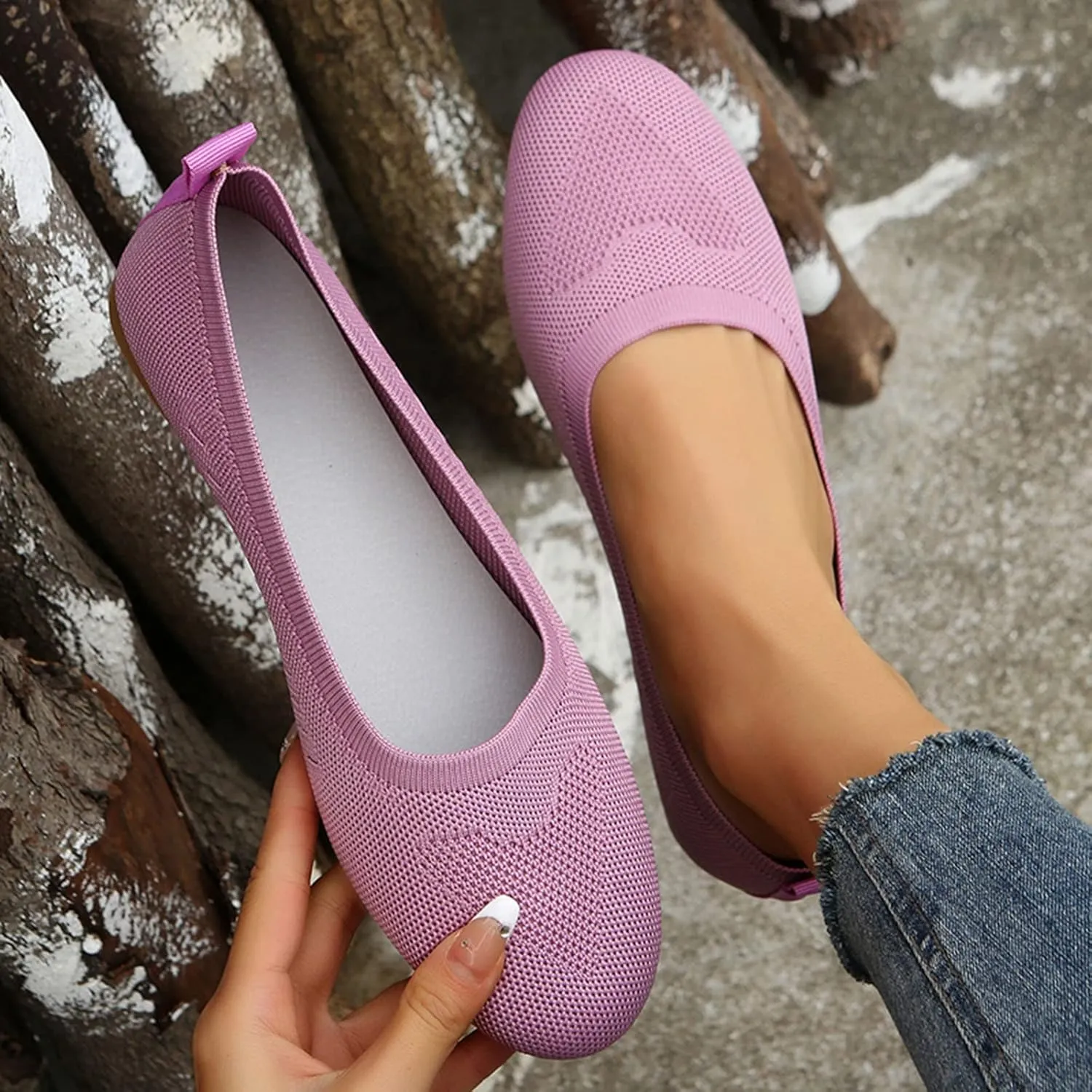Womens Flat Shoes Knit Ballet Shoes Round Toe Slip on Loafer Casual Business Shoe Comfort Soft Office Flats