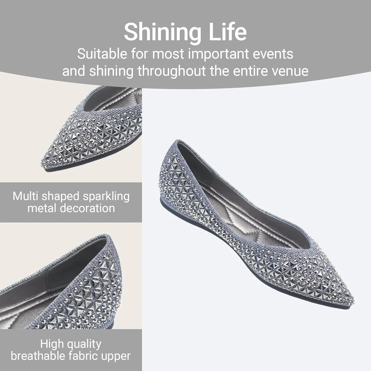 Women's Flats Comfortable Pointed Rhinestone Ballet Flats Soft Memory Foam Insole for Women Sparkle Elegant Dress Shoes