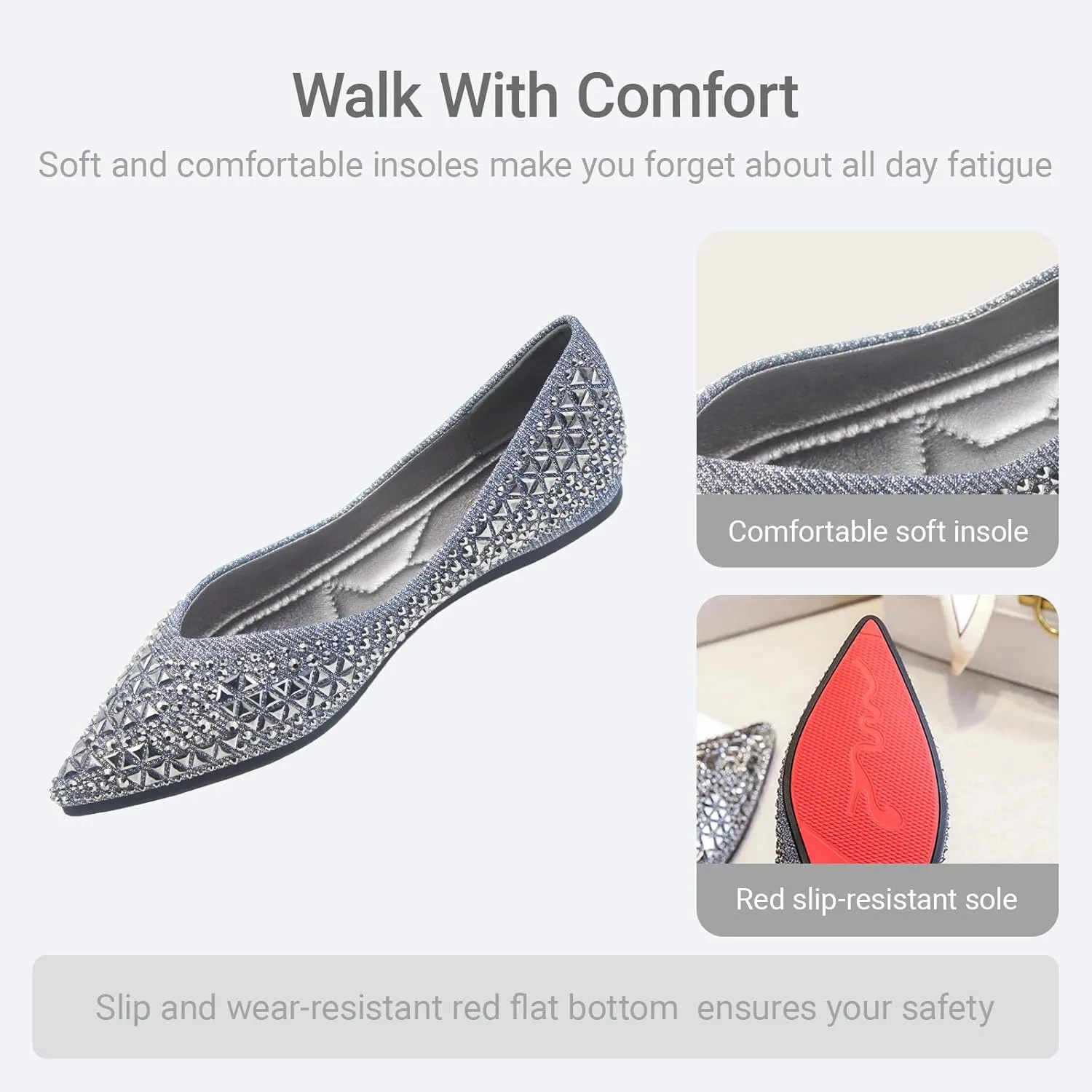 Women's Flats Comfortable Pointed Rhinestone Ballet Flats Soft Memory Foam Insole for Women Sparkle Elegant Dress Shoes