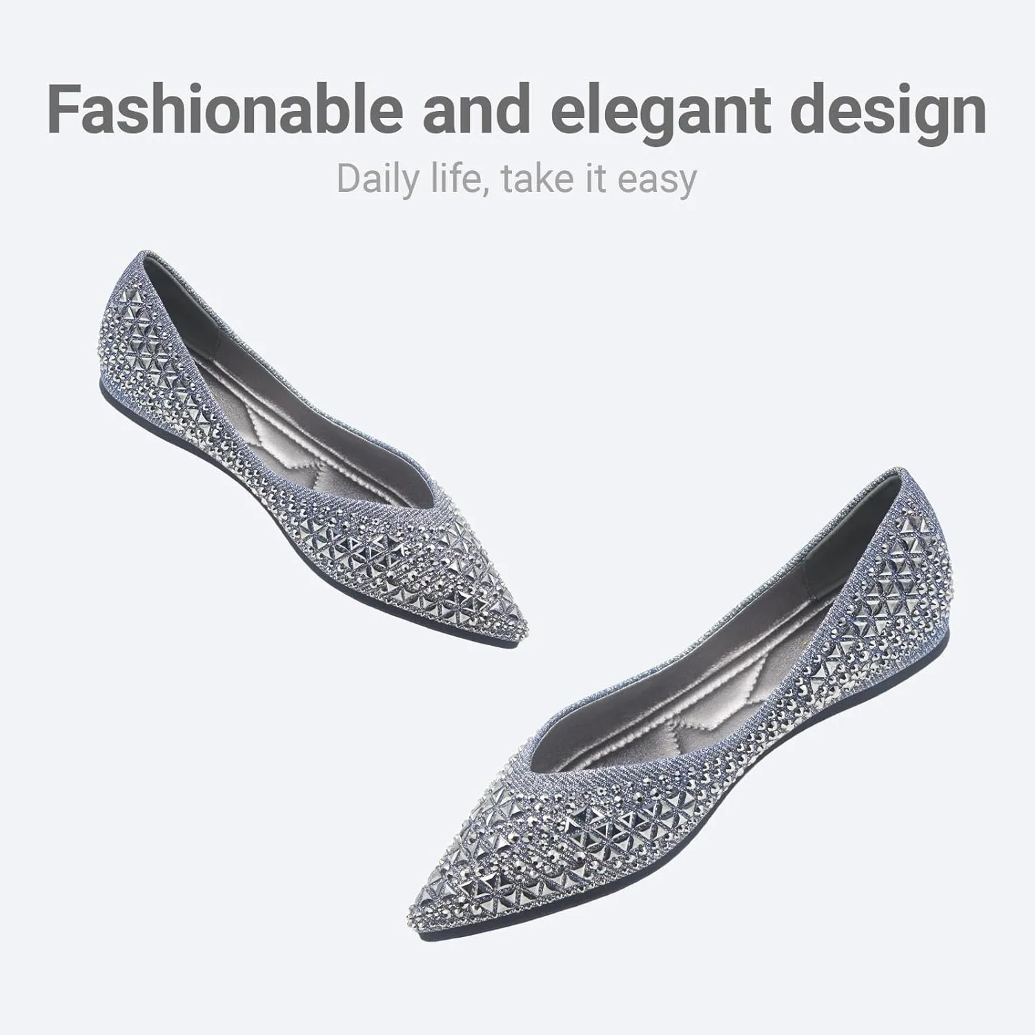 Women's Flats Comfortable Pointed Rhinestone Ballet Flats Soft Memory Foam Insole for Women Sparkle Elegant Dress Shoes