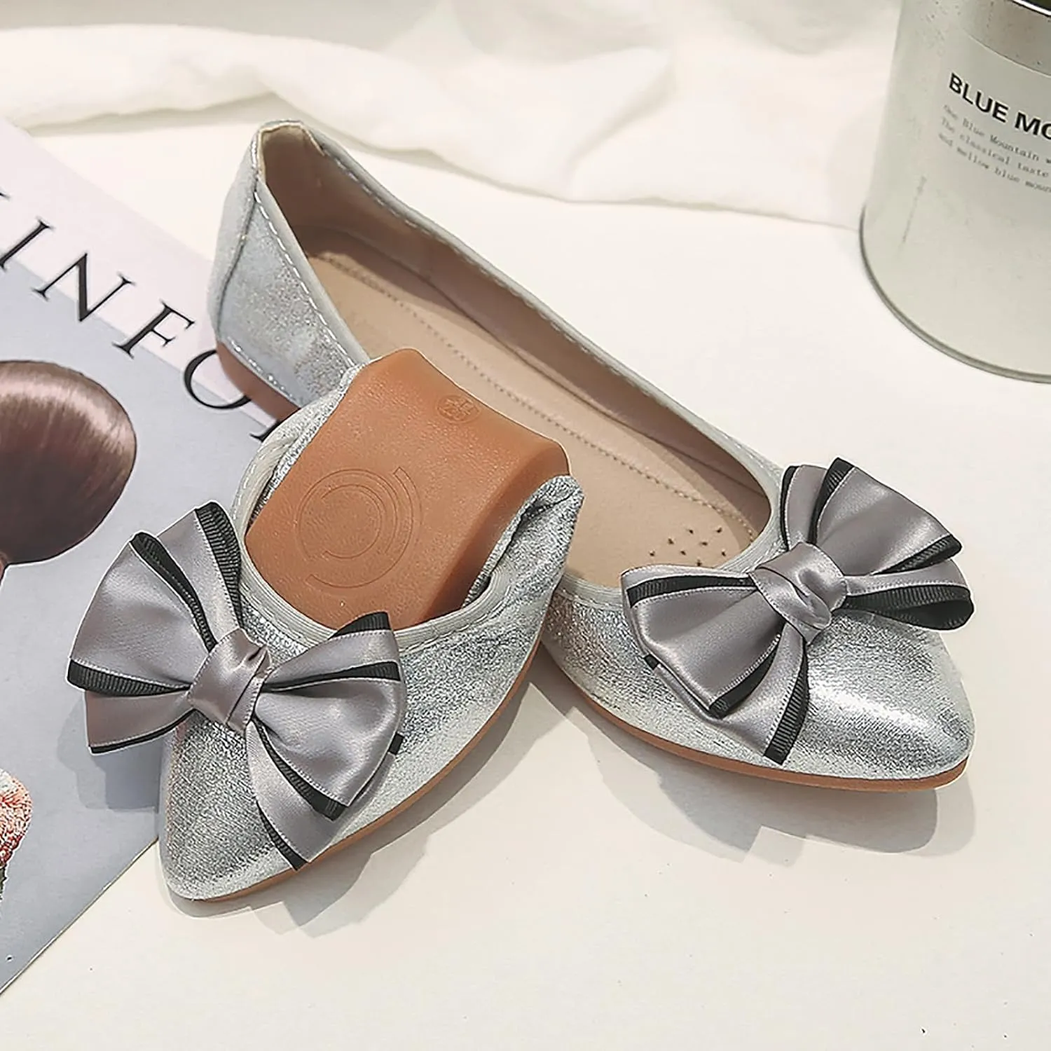 Women's Flats, Foldable Ballet Flats for Women, Fashion Bow Tie Pionted Toe Comfort Lightweight Slip-On Dress Shoes