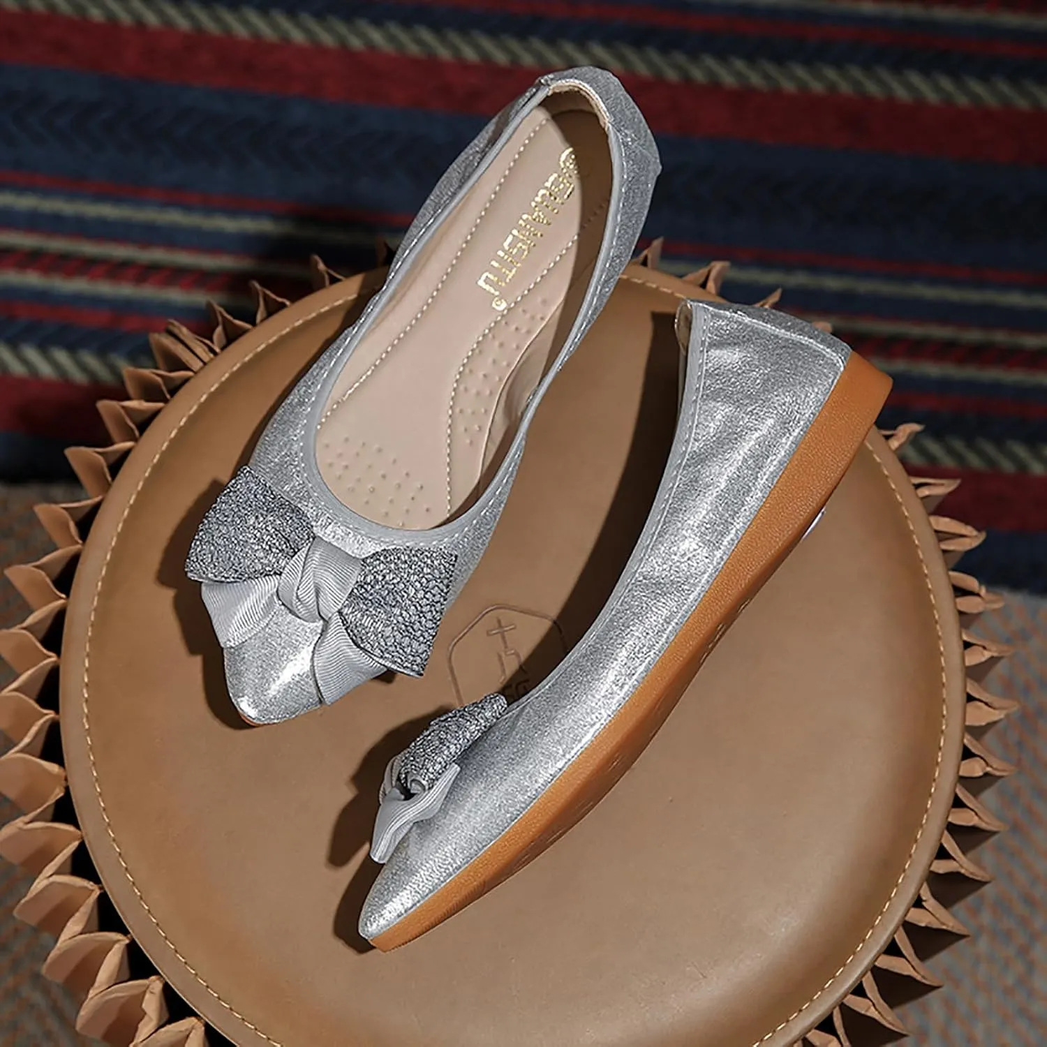 Women's Flats, Foldable Ballet Flats for Women, Fashion Bow Tie Pionted Toe Comfort Lightweight Slip-On Dress Shoes