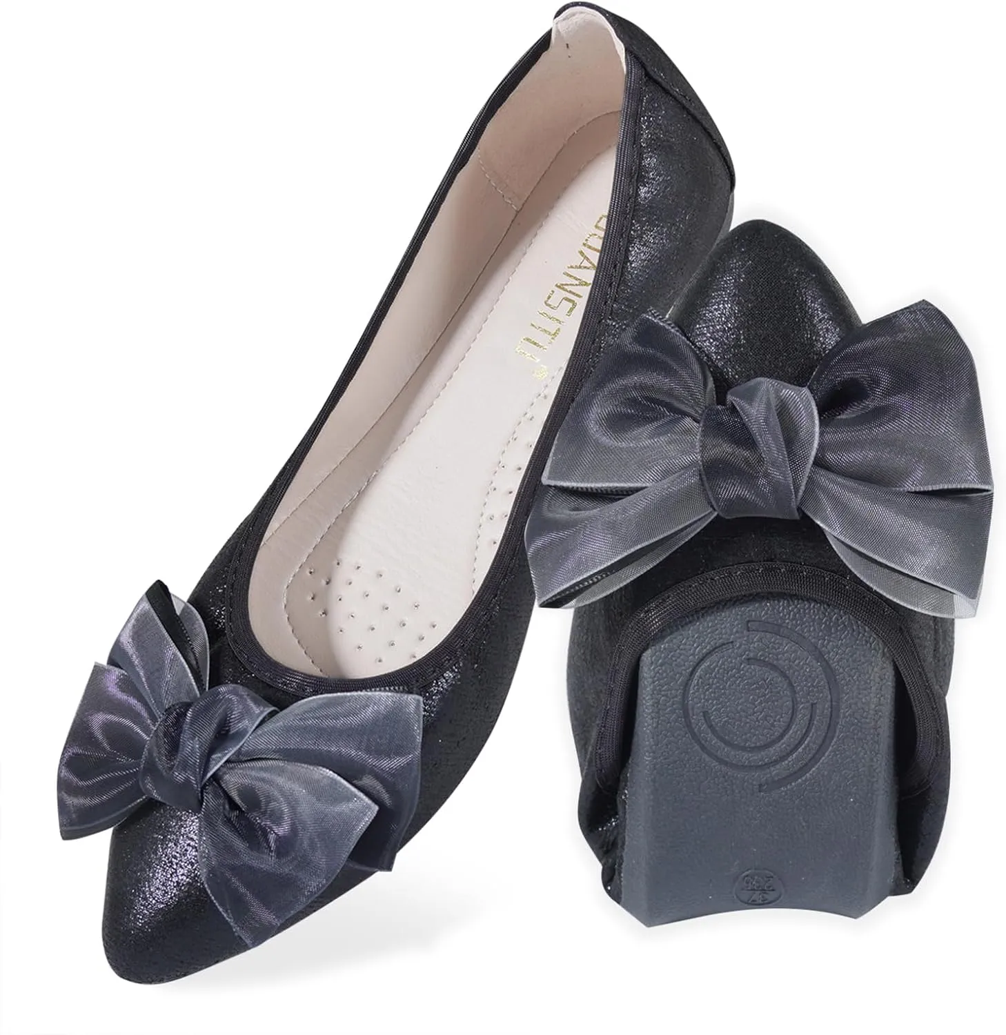 Women's Flats, Foldable Ballet Flats for Women, Fashion Bow Tie Pionted Toe Comfort Lightweight Slip-On Dress Shoes