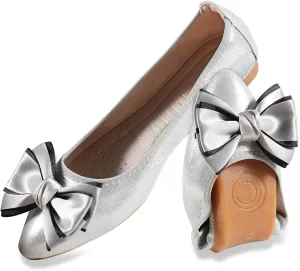 Women's Flats, Foldable Ballet Flats for Women, Fashion Bow Tie Pionted Toe Comfort Lightweight Slip-On Dress Shoes