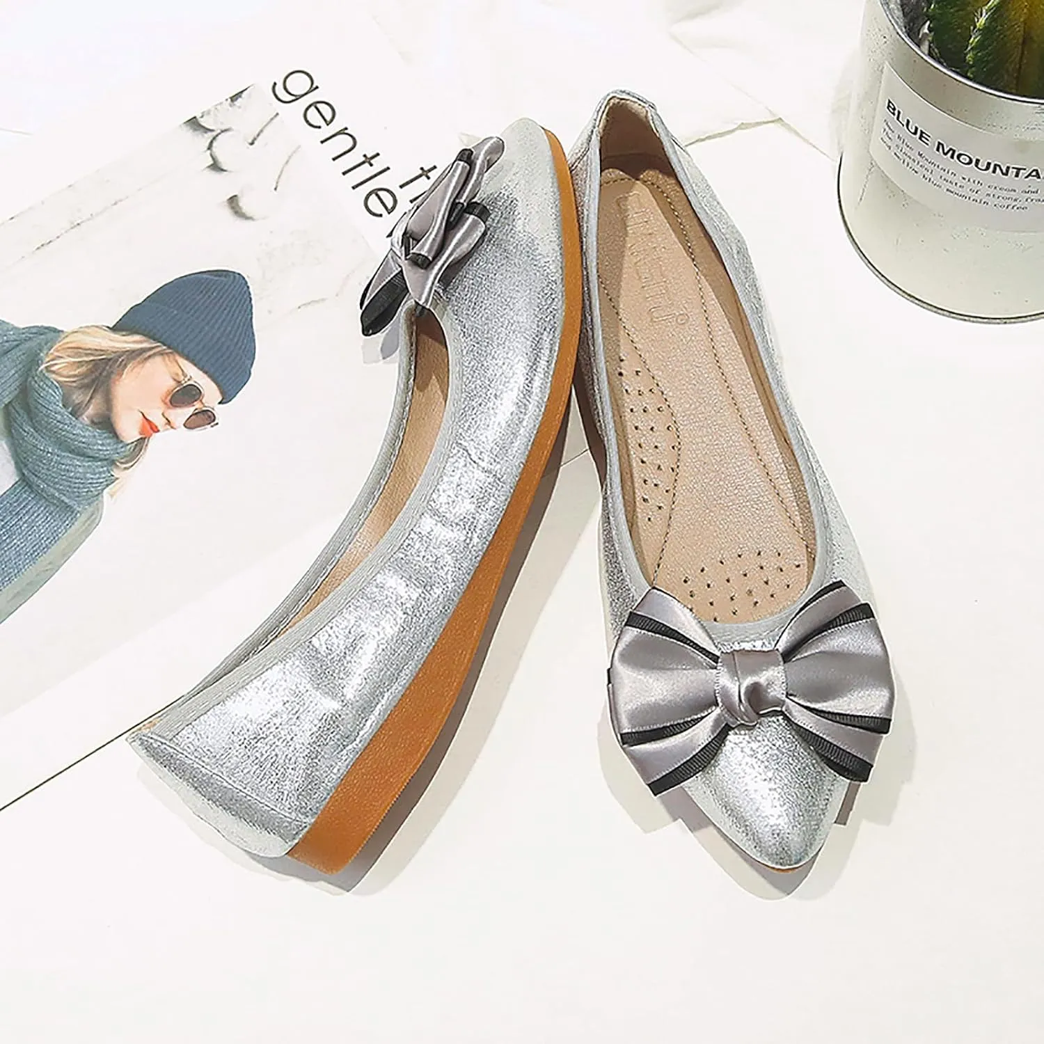 Women's Flats, Foldable Ballet Flats for Women, Fashion Bow Tie Pionted Toe Comfort Lightweight Slip-On Dress Shoes