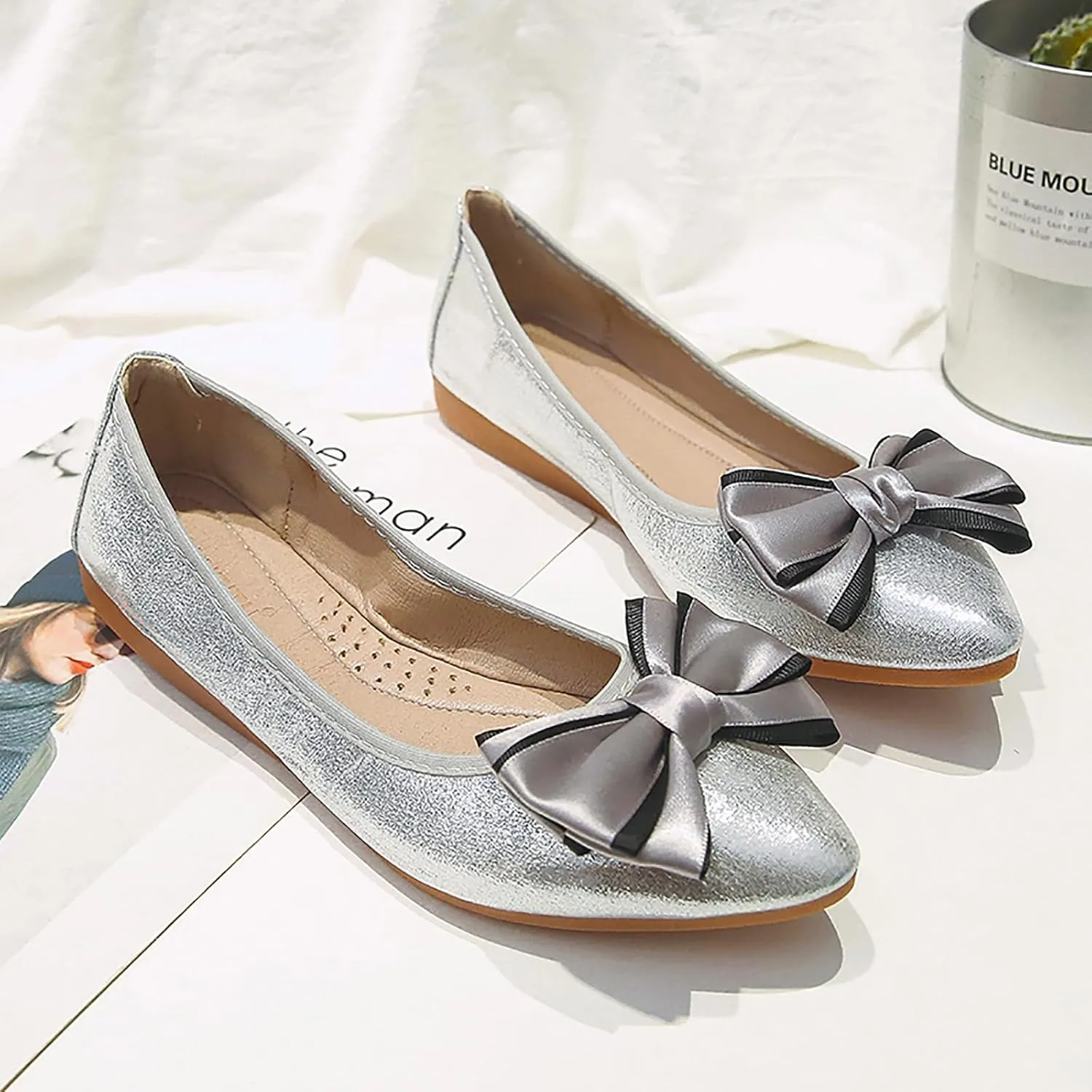 Women's Flats, Foldable Ballet Flats for Women, Fashion Bow Tie Pionted Toe Comfort Lightweight Slip-On Dress Shoes