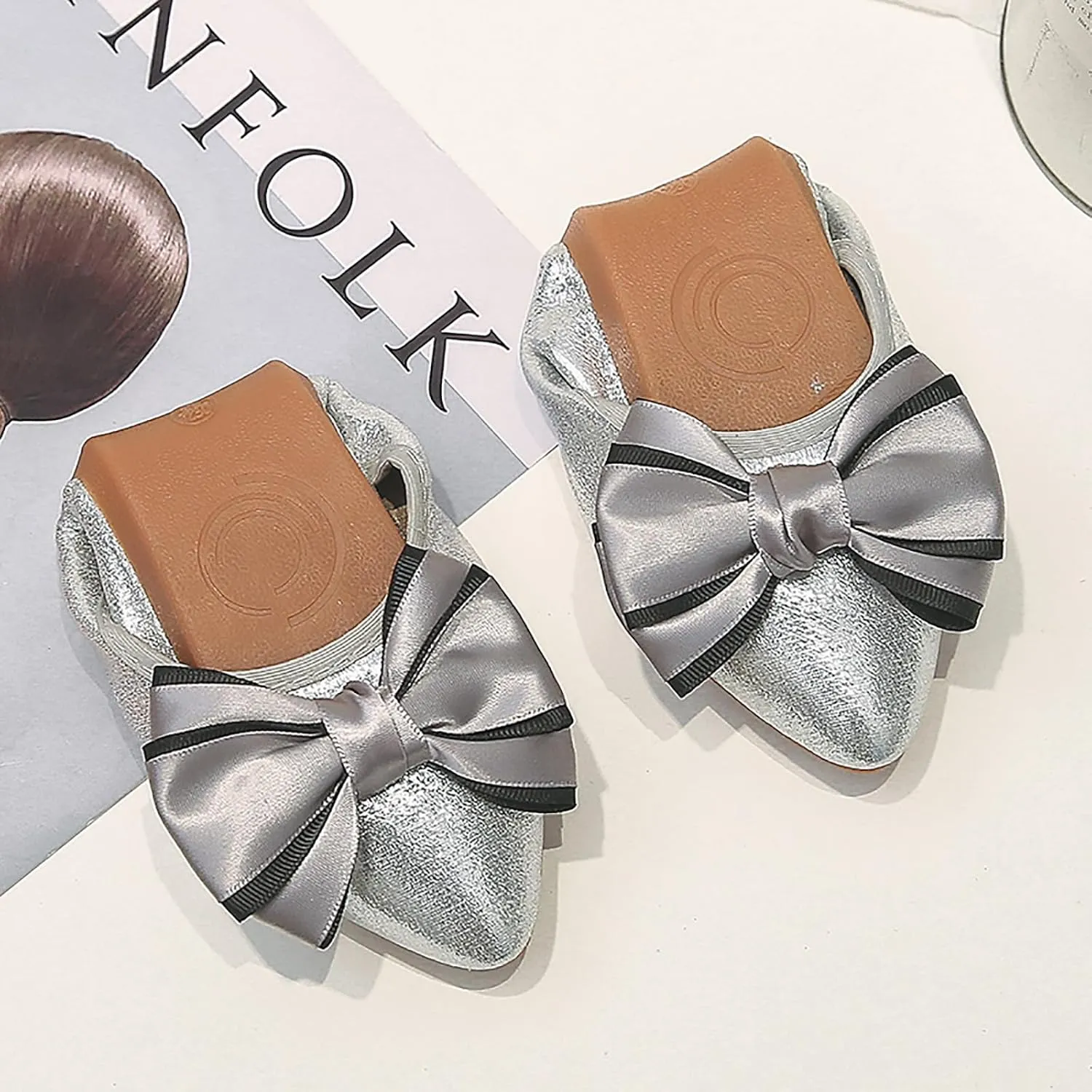 Women's Flats, Foldable Ballet Flats for Women, Fashion Bow Tie Pionted Toe Comfort Lightweight Slip-On Dress Shoes