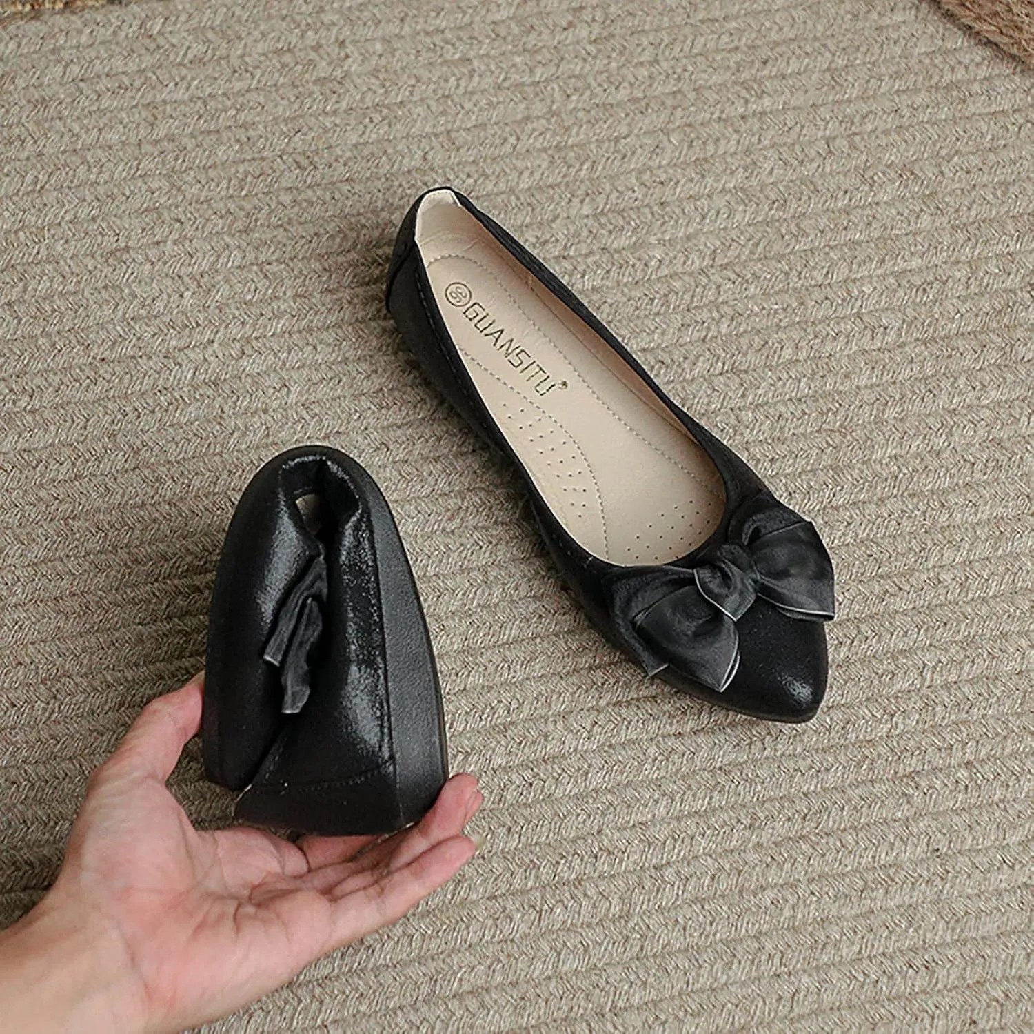 Women's Flats, Foldable Ballet Flats for Women, Fashion Bow Tie Pionted Toe Comfort Lightweight Slip-On Dress Shoes