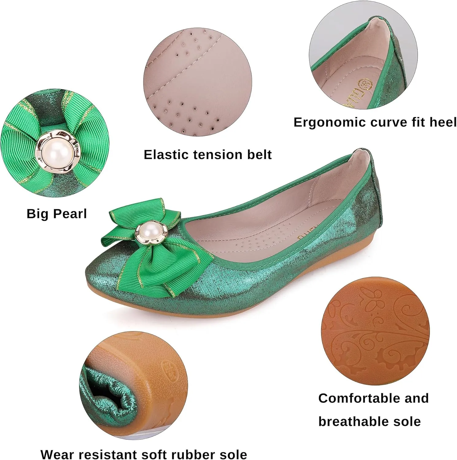 Womens Foldable Ballet Flats Bling Rhinestone Pointed Toe Comfort Slip On Walk Work Loafers Bridal Dress Shoes