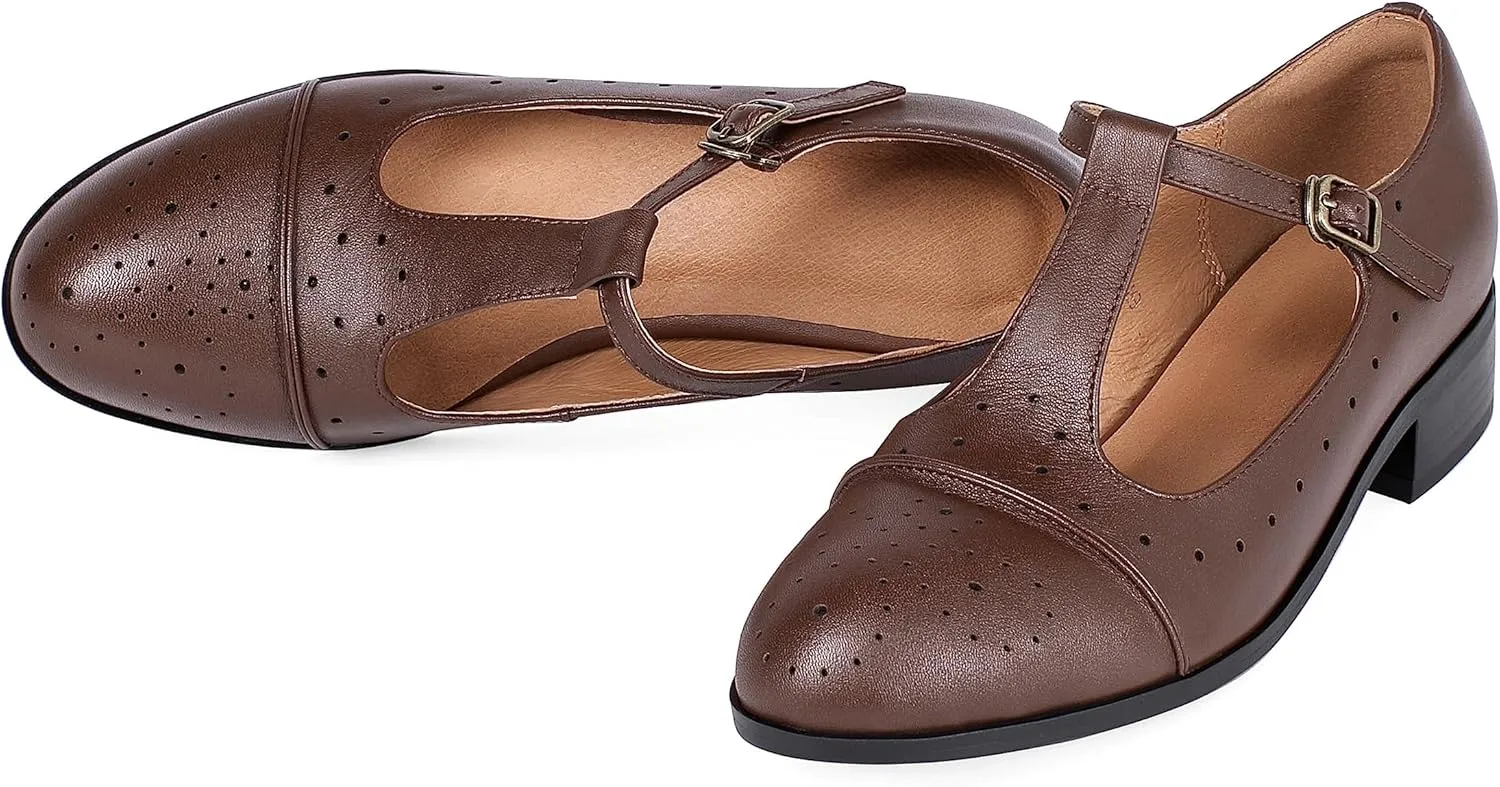 Women's Genuine Leather Mary Jane Saddle Oxford Loafers Brogue Shoes