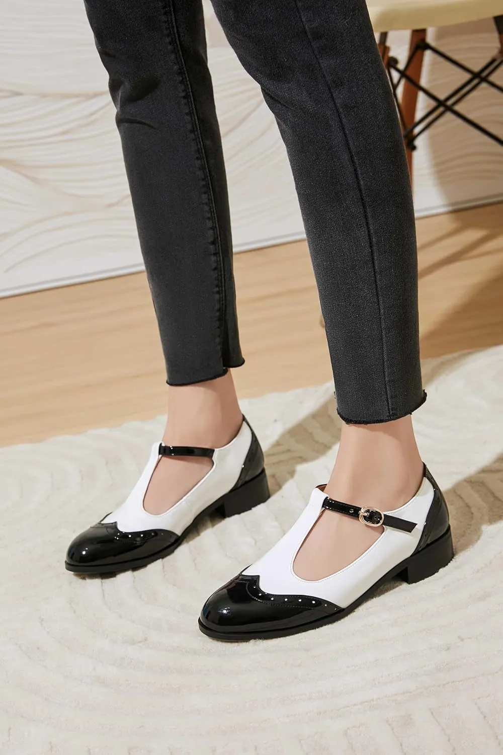 Women's Genuine Leather Mary Jane Saddle Oxford Loafers Brogue Shoes