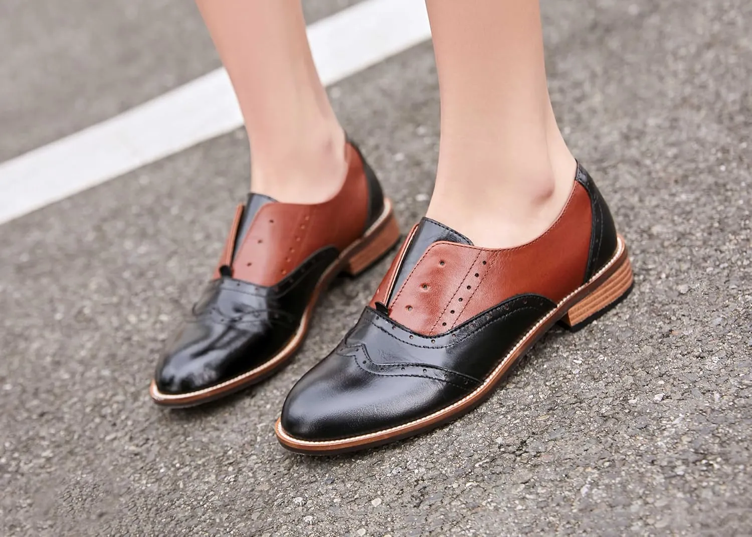 Women's Genuine Leather Mary Jane Saddle Oxford Loafers Brogue Shoes