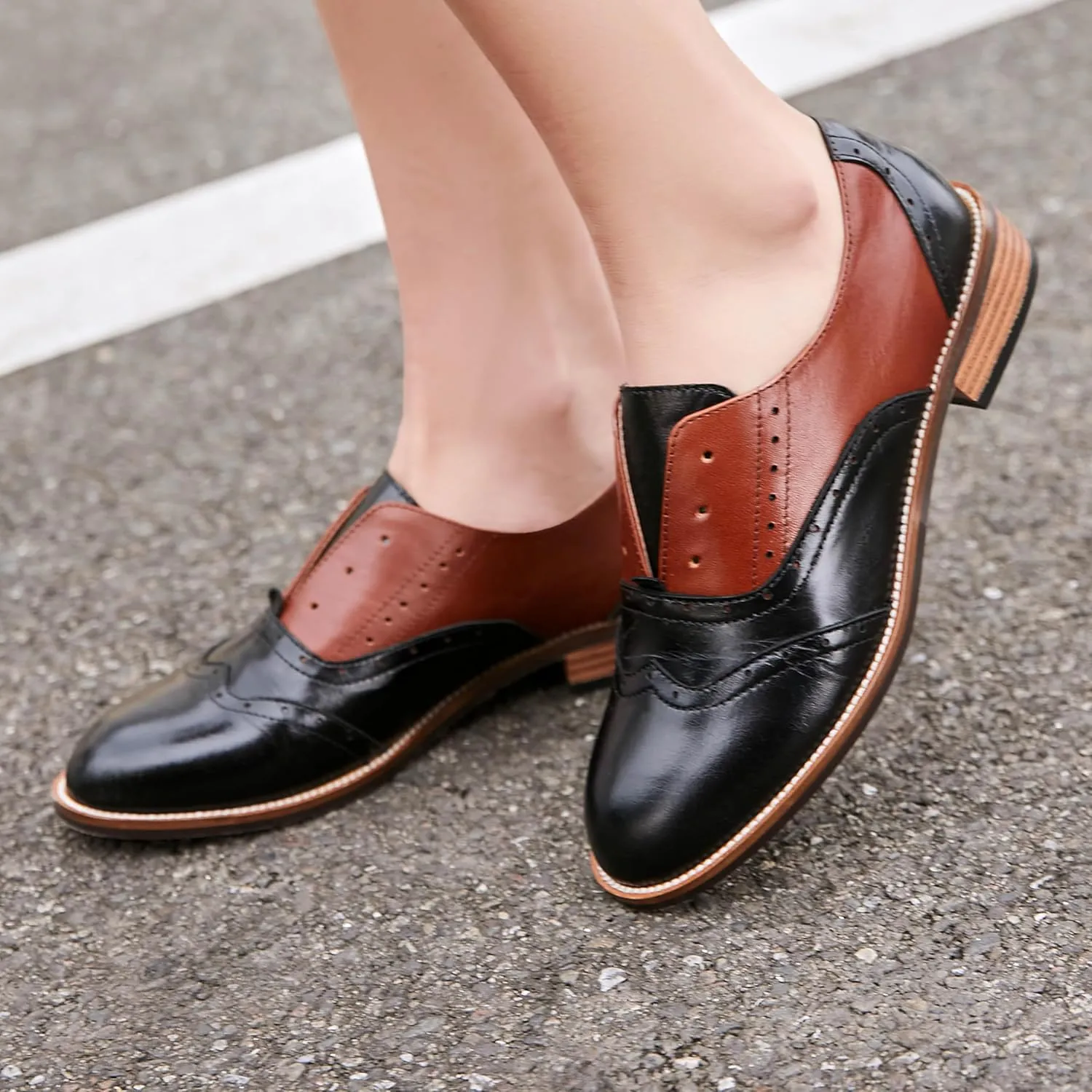 Women's Genuine Leather Mary Jane Saddle Oxford Loafers Brogue Shoes