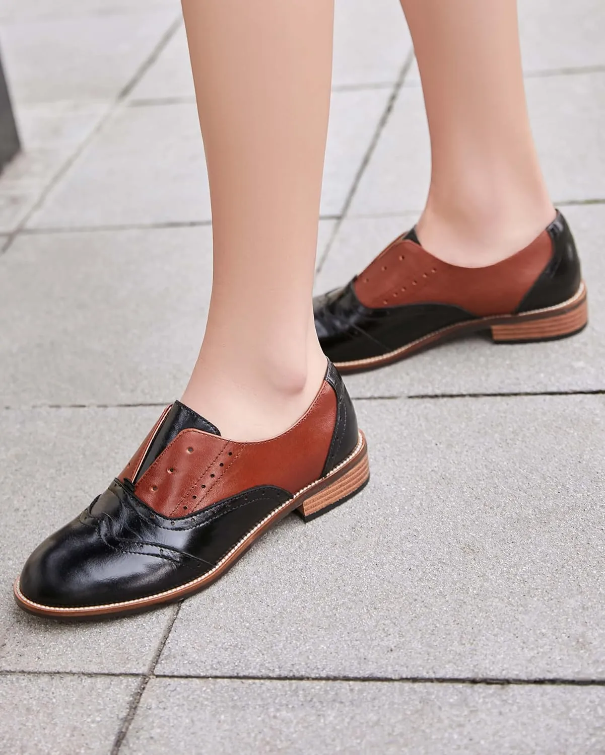 Women's Genuine Leather Mary Jane Saddle Oxford Loafers Brogue Shoes