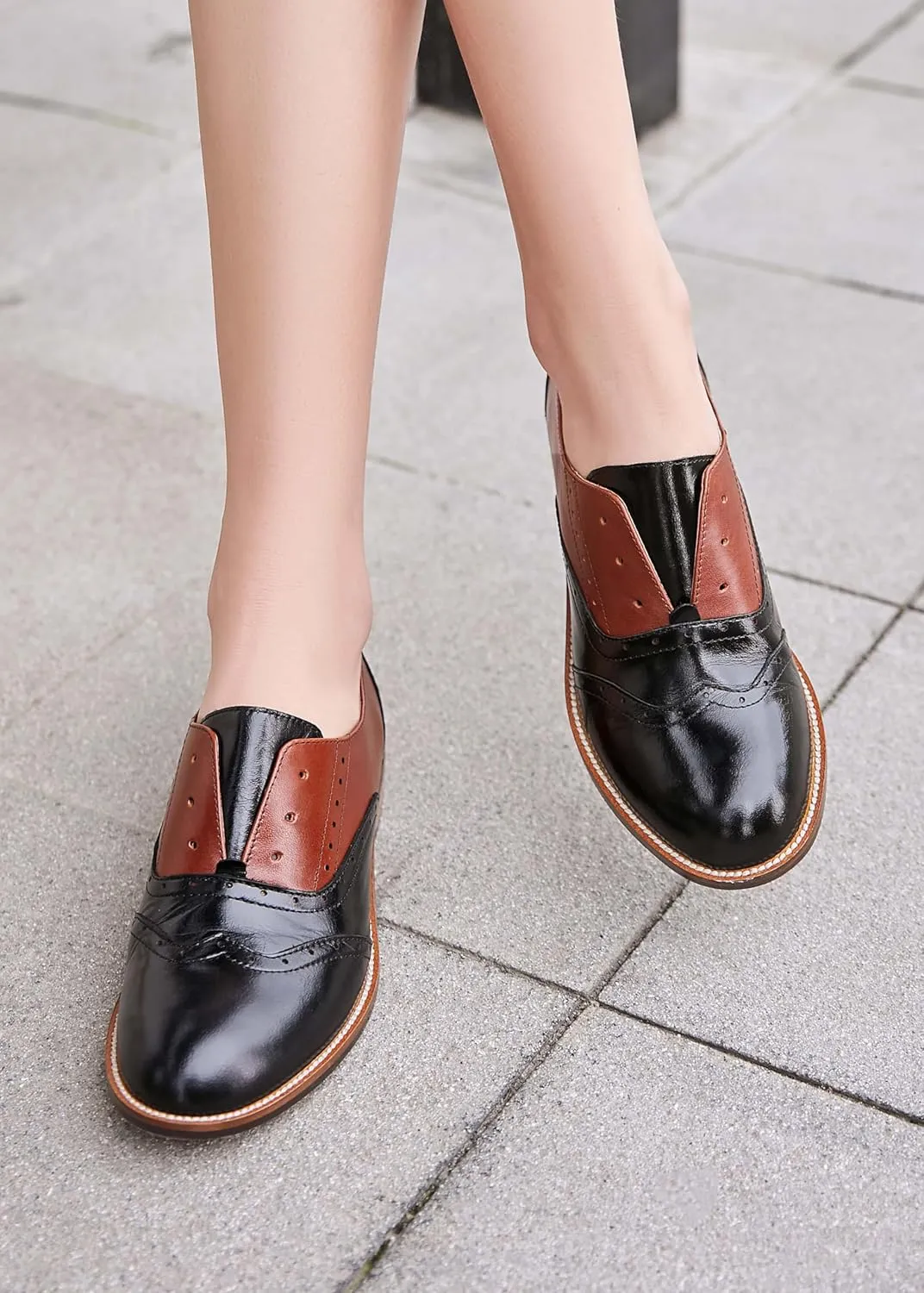 Women's Genuine Leather Mary Jane Saddle Oxford Loafers Brogue Shoes