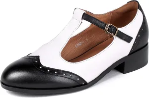 Women's Genuine Leather Mary Jane Saddle Oxford Loafers Brogue Shoes
