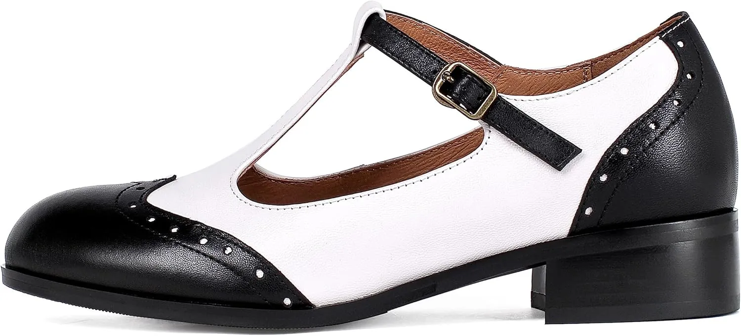 Women's Genuine Leather Mary Jane Saddle Oxford Loafers Brogue Shoes