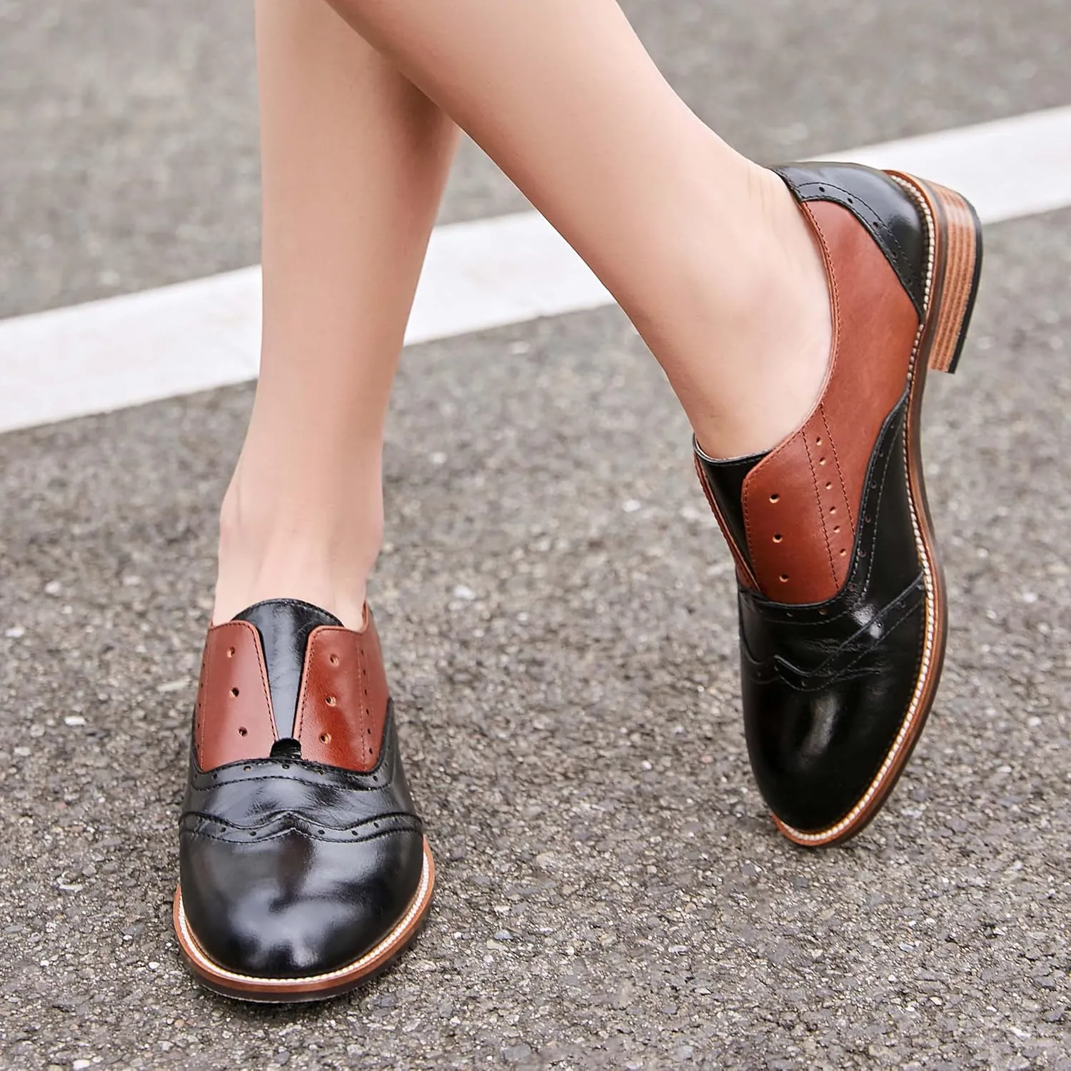 Women's Genuine Leather Mary Jane Saddle Oxford Loafers Brogue Shoes