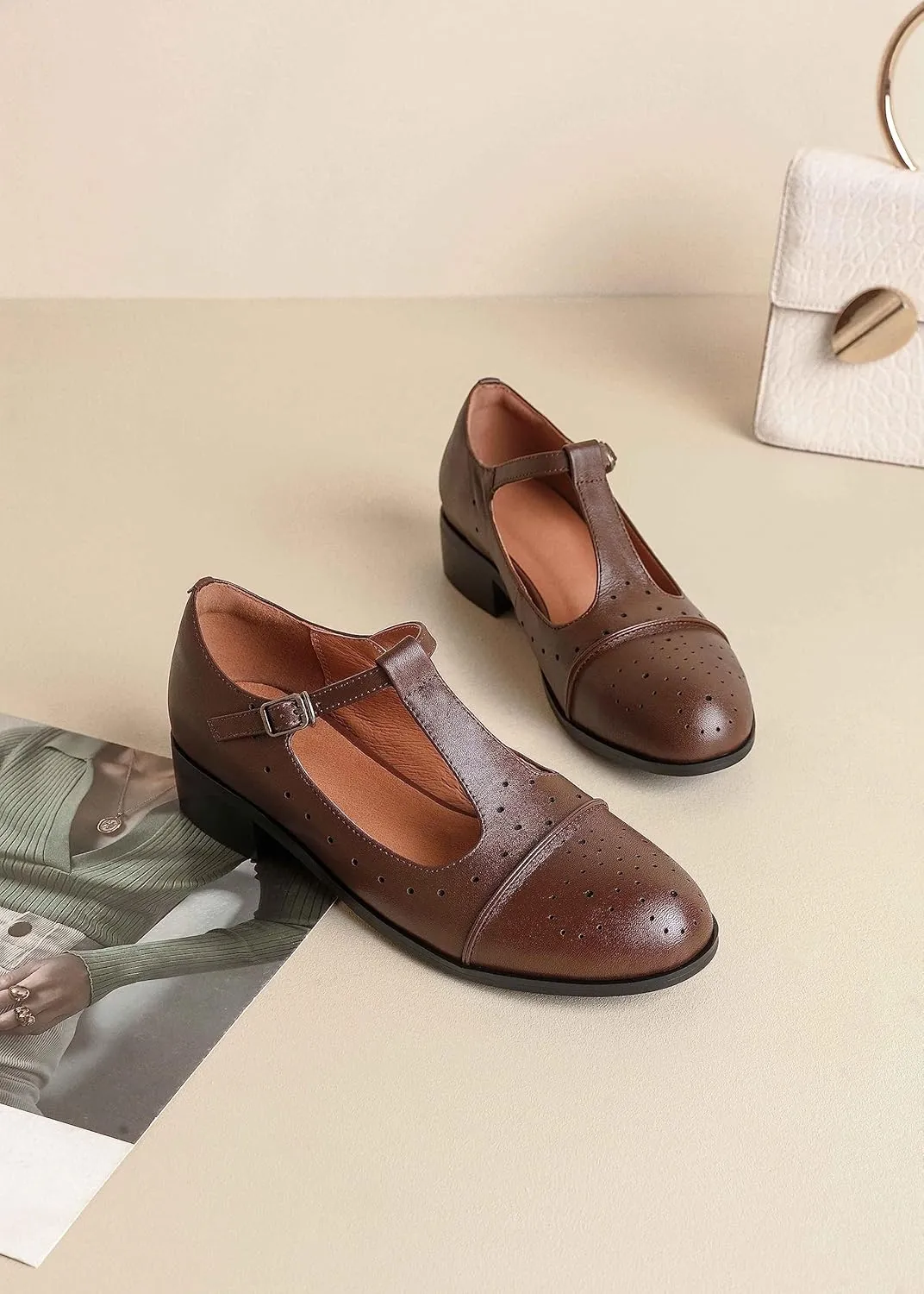 Women's Genuine Leather Mary Jane Saddle Oxford Loafers Brogue Shoes