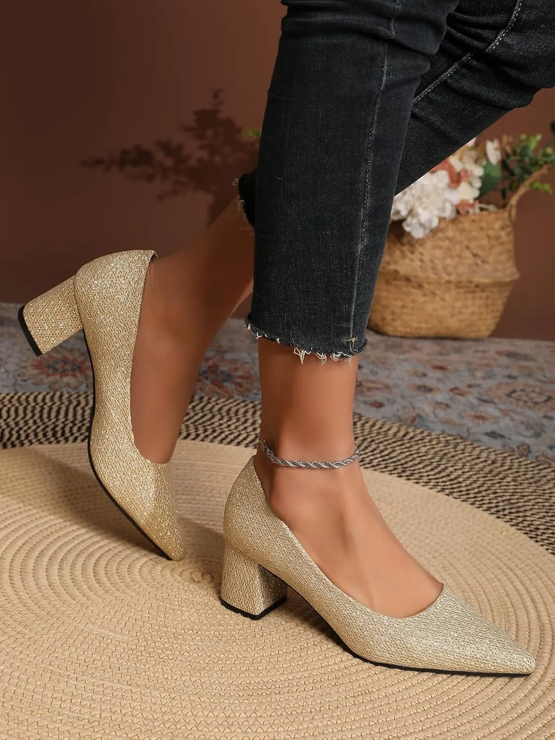 Women's Glitter Slip On Low Block Pumps Closed Pointed Toe Silver Gold Dress Chunky Heels with Bow for Woman Comfortable Wedding Prom Dating Pumps Shoes 2.36"