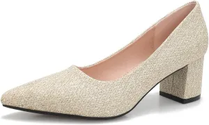 Women's Glitter Slip On Low Block Pumps Closed Pointed Toe Silver Gold Dress Chunky Heels with Bow for Woman Comfortable Wedding Prom Dating Pumps Shoes 2.36"