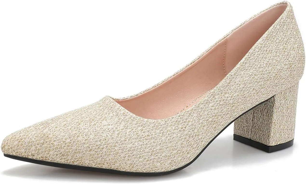 Women's Glitter Slip On Low Block Pumps Closed Pointed Toe Silver Gold Dress Chunky Heels with Bow for Woman Comfortable Wedding Prom Dating Pumps Shoes 2.36"