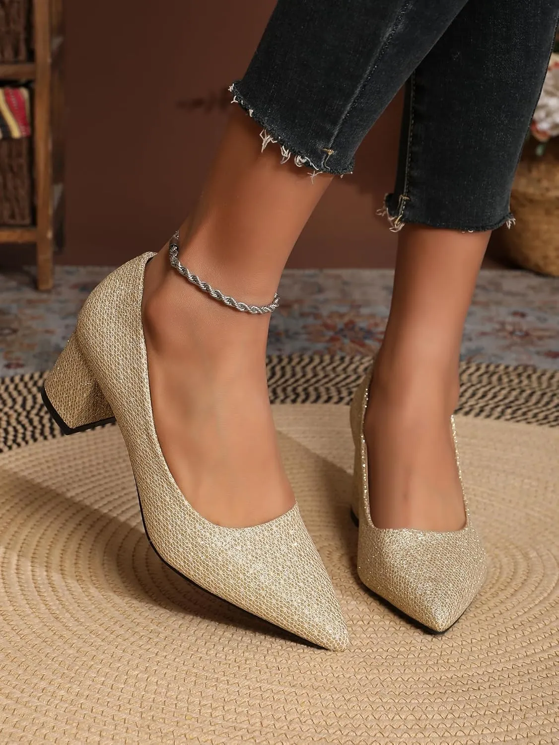 Women's Glitter Slip On Low Block Pumps Closed Pointed Toe Silver Gold Dress Chunky Heels with Bow for Woman Comfortable Wedding Prom Dating Pumps Shoes 2.36"
