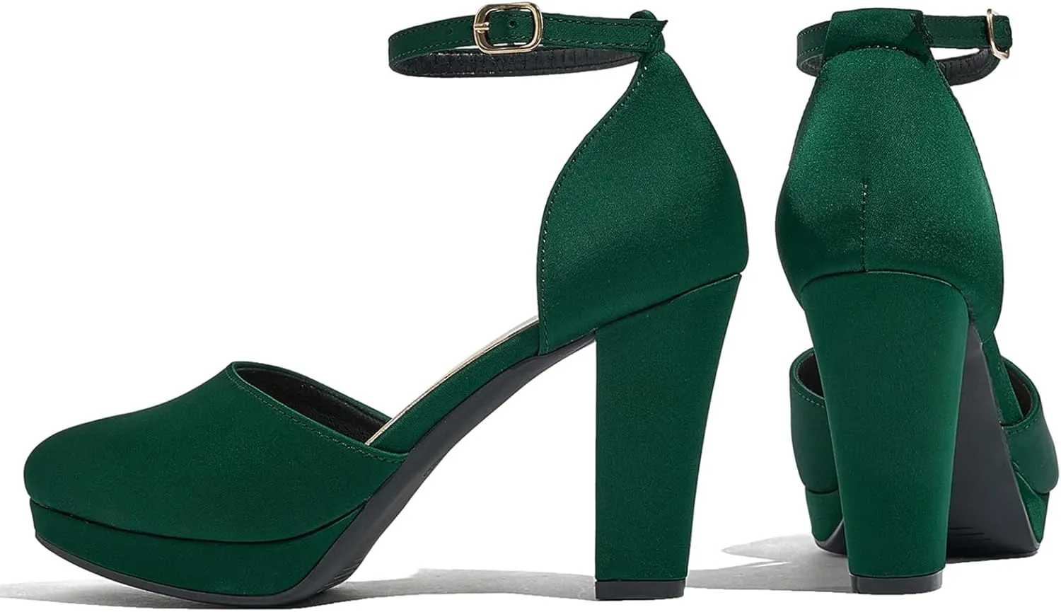 Women's High Block Heels Pumps Round Closed Toe Ankle Strap Dress Wedding Shoes