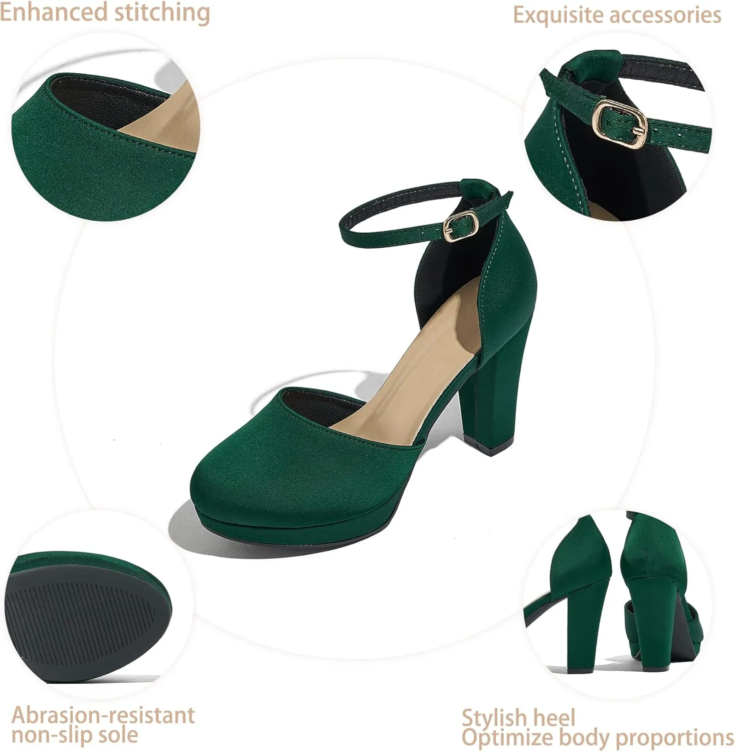 Women's High Block Heels Pumps Round Closed Toe Ankle Strap Dress Wedding Shoes