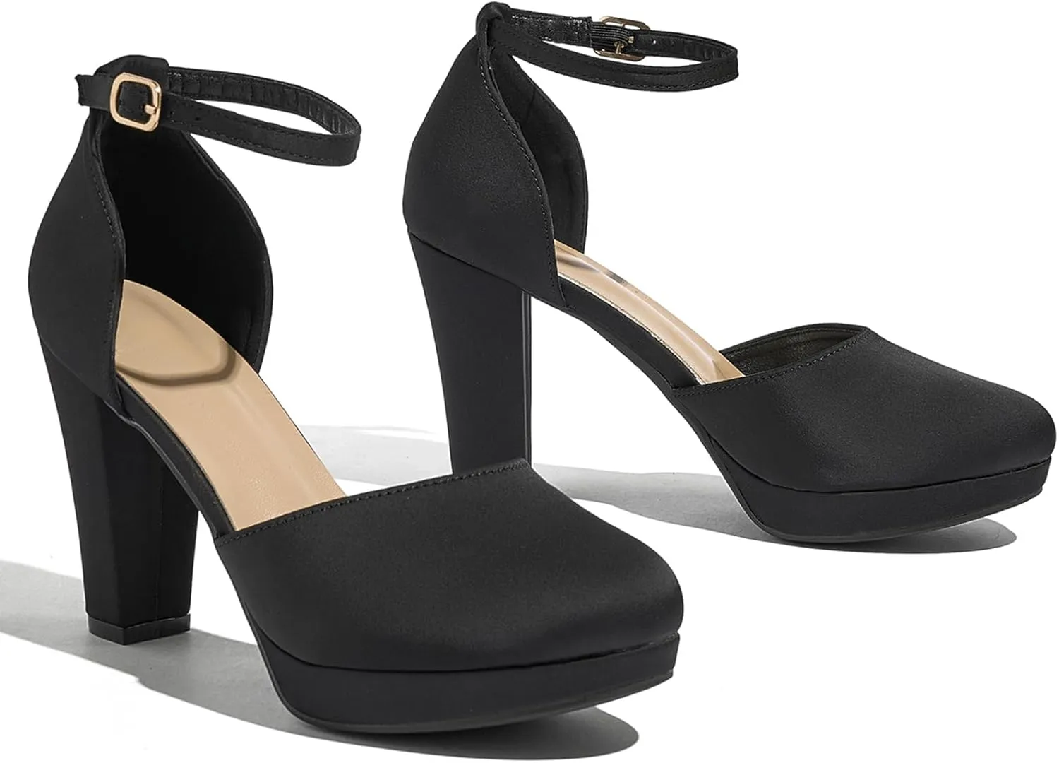 Women's High Block Heels Pumps Round Closed Toe Ankle Strap Dress Wedding Shoes