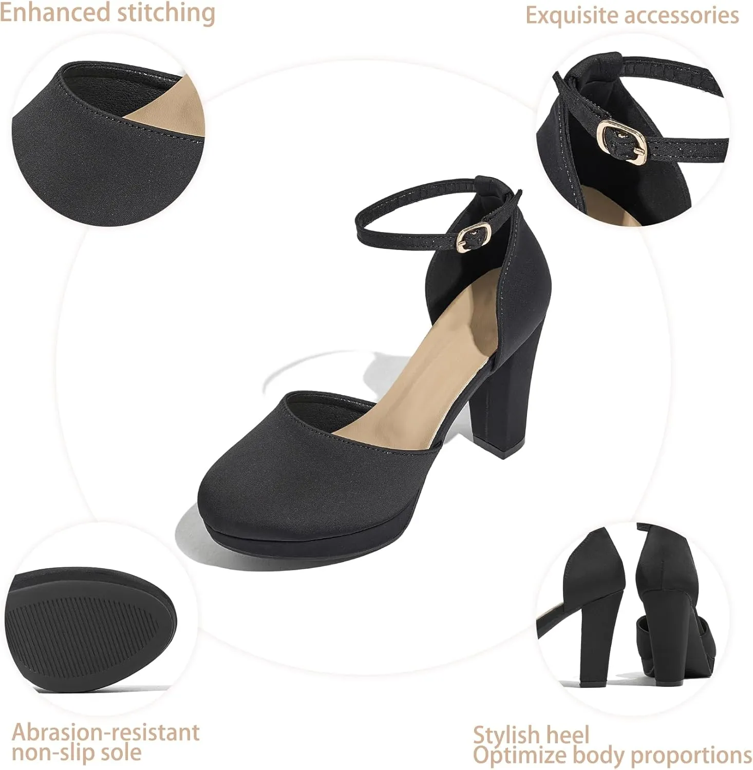 Women's High Block Heels Pumps Round Closed Toe Ankle Strap Dress Wedding Shoes