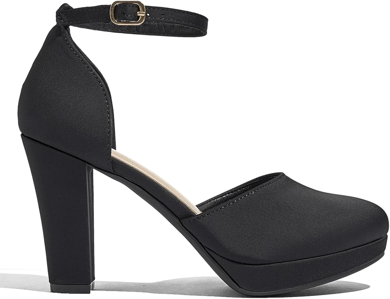 Women's High Block Heels Pumps Round Closed Toe Ankle Strap Dress Wedding Shoes
