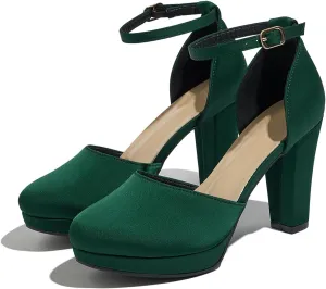 Women's High Block Heels Pumps Round Closed Toe Ankle Strap Dress Wedding Shoes
