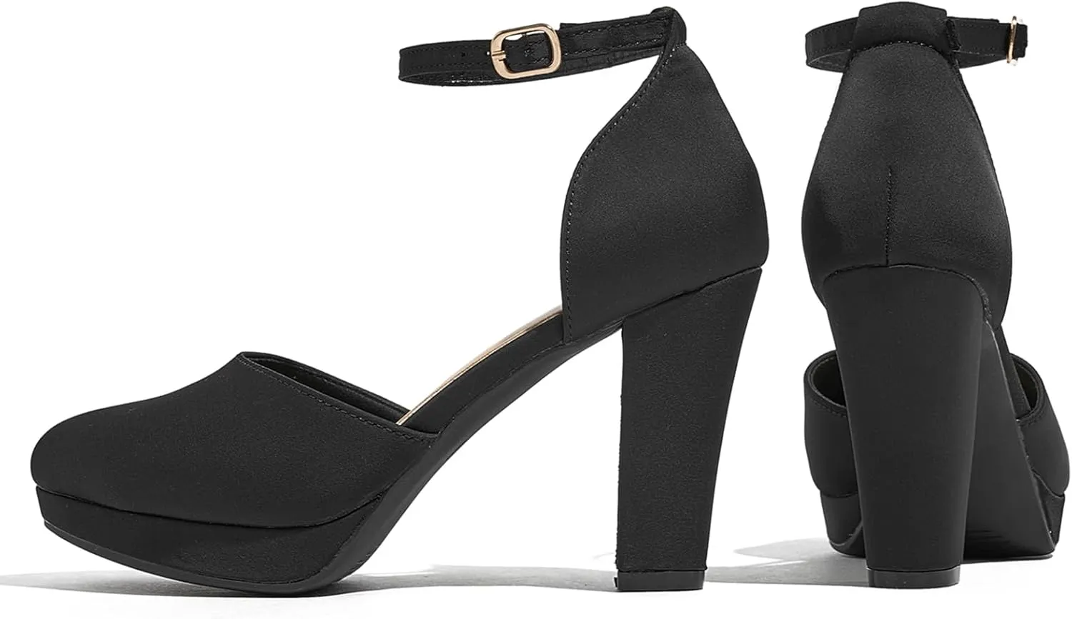 Women's High Block Heels Pumps Round Closed Toe Ankle Strap Dress Wedding Shoes