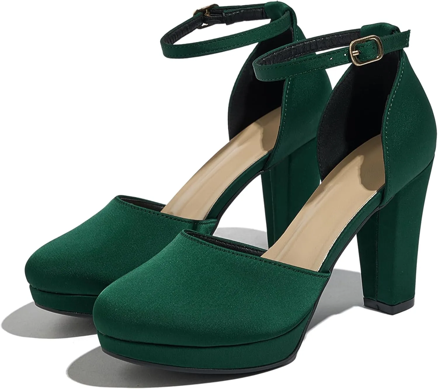 Women's High Block Heels Pumps Round Closed Toe Ankle Strap Dress Wedding Shoes
