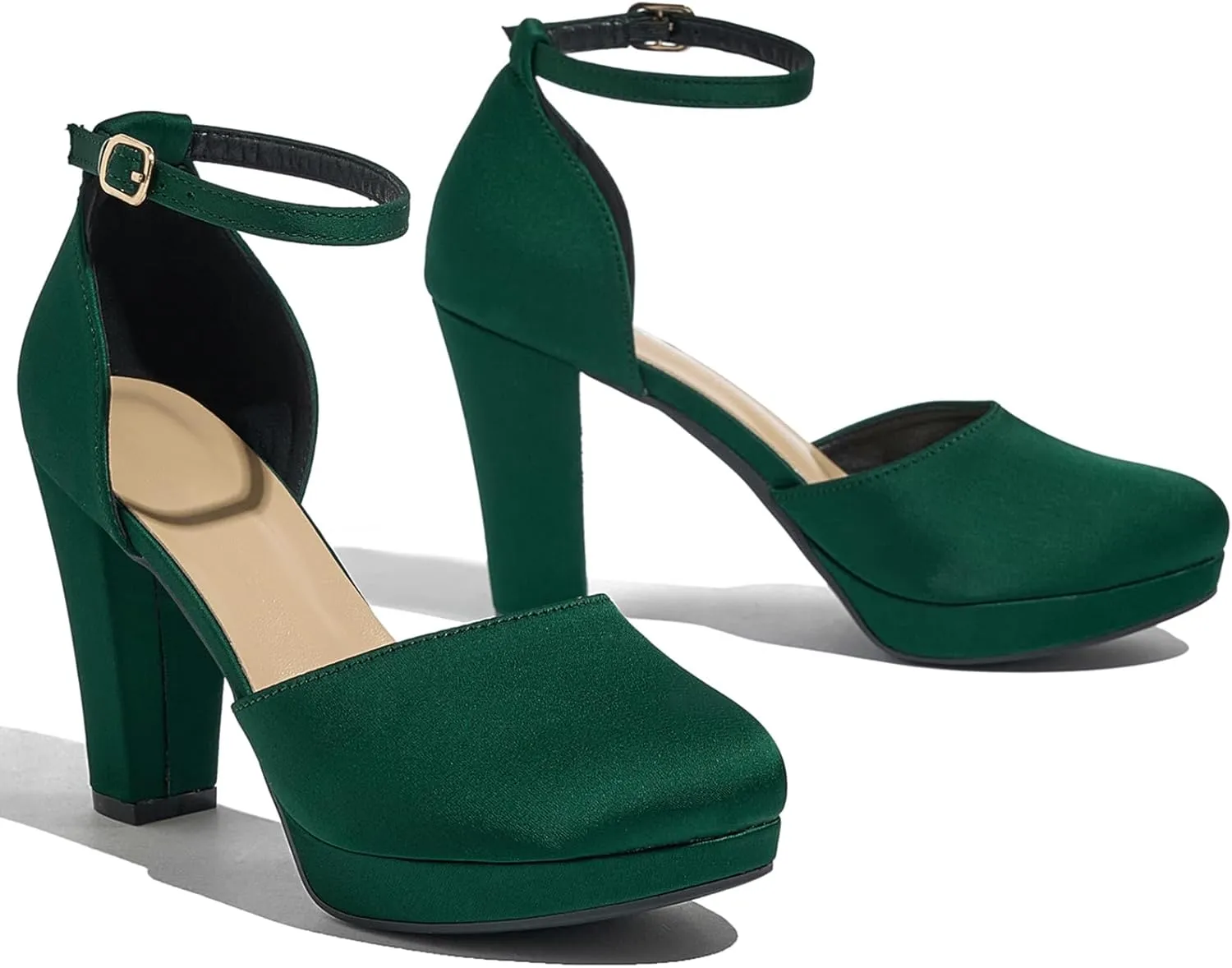 Women's High Block Heels Pumps Round Closed Toe Ankle Strap Dress Wedding Shoes