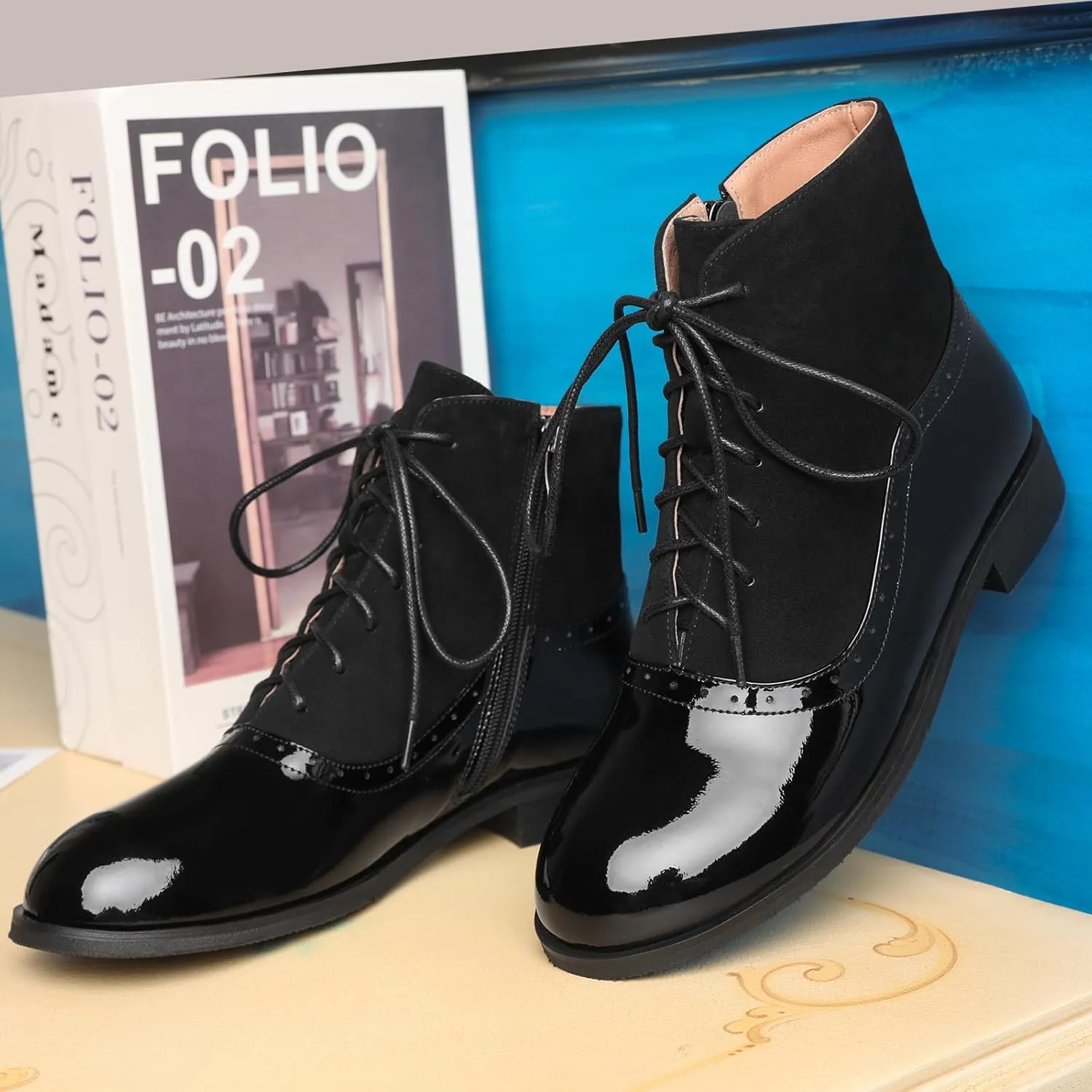 Women's Leather Ankle Boots Low Heel Oxford Flat Short Boots Perforated Lace Up Side Zipper Booties