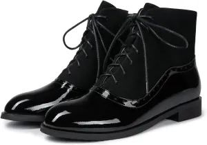 Women's Leather Ankle Boots Low Heel Oxford Flat Short Boots Perforated Lace Up Side Zipper Booties
