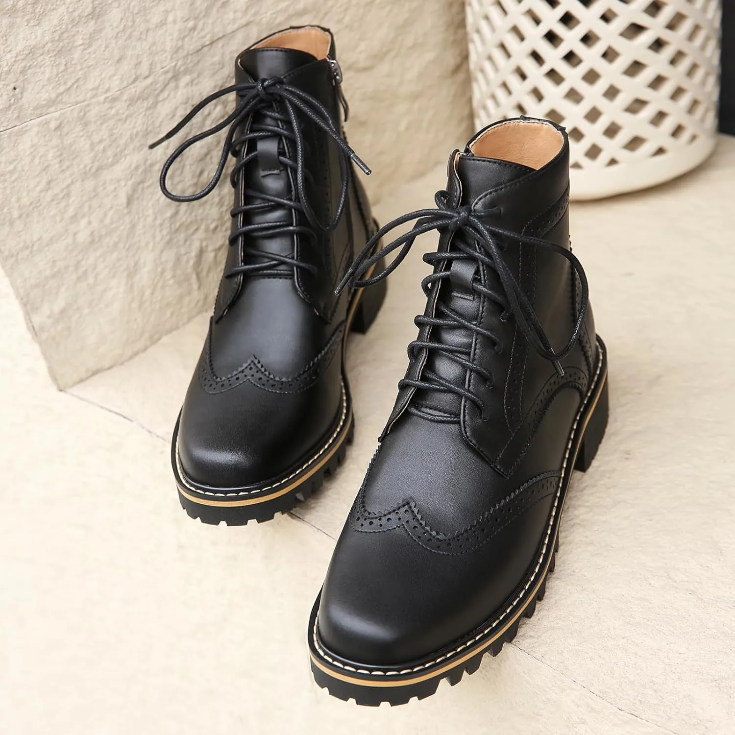 Women's Leather Ankle Boots Low Heel Oxford Flat Short Boots Perforated Lace Up Side Zipper Booties