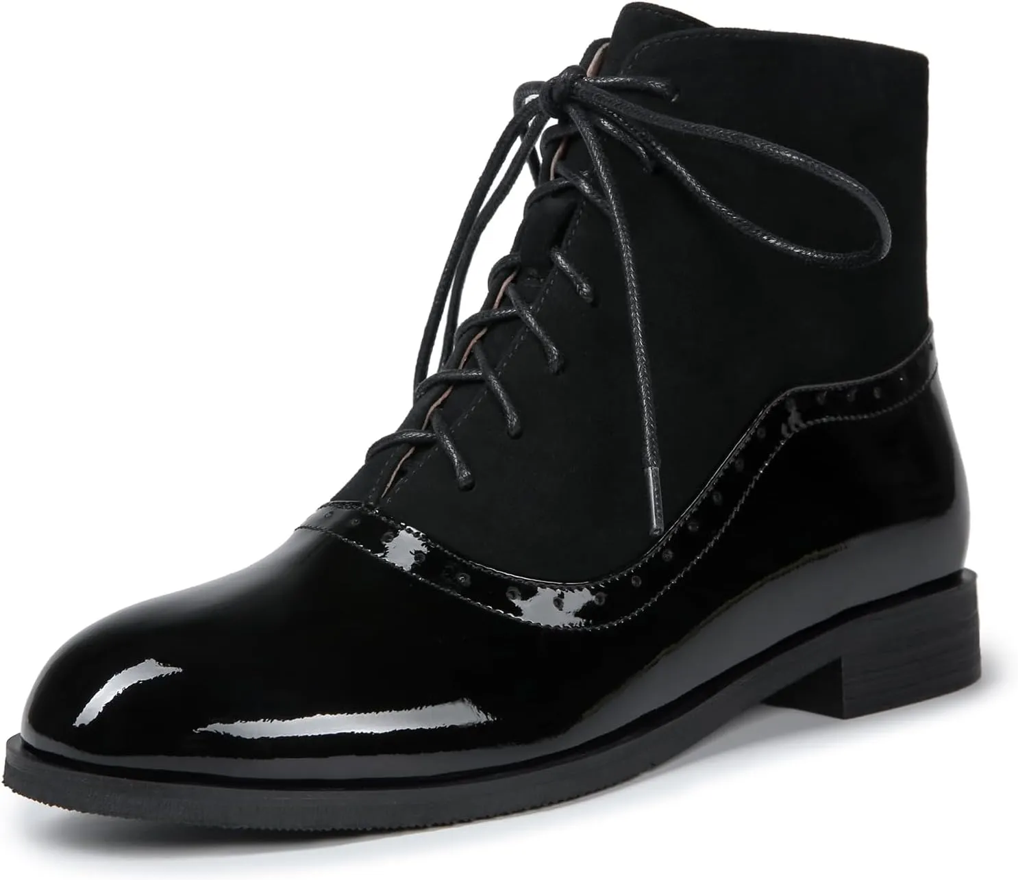 Women's Leather Ankle Boots Low Heel Oxford Flat Short Boots Perforated Lace Up Side Zipper Booties