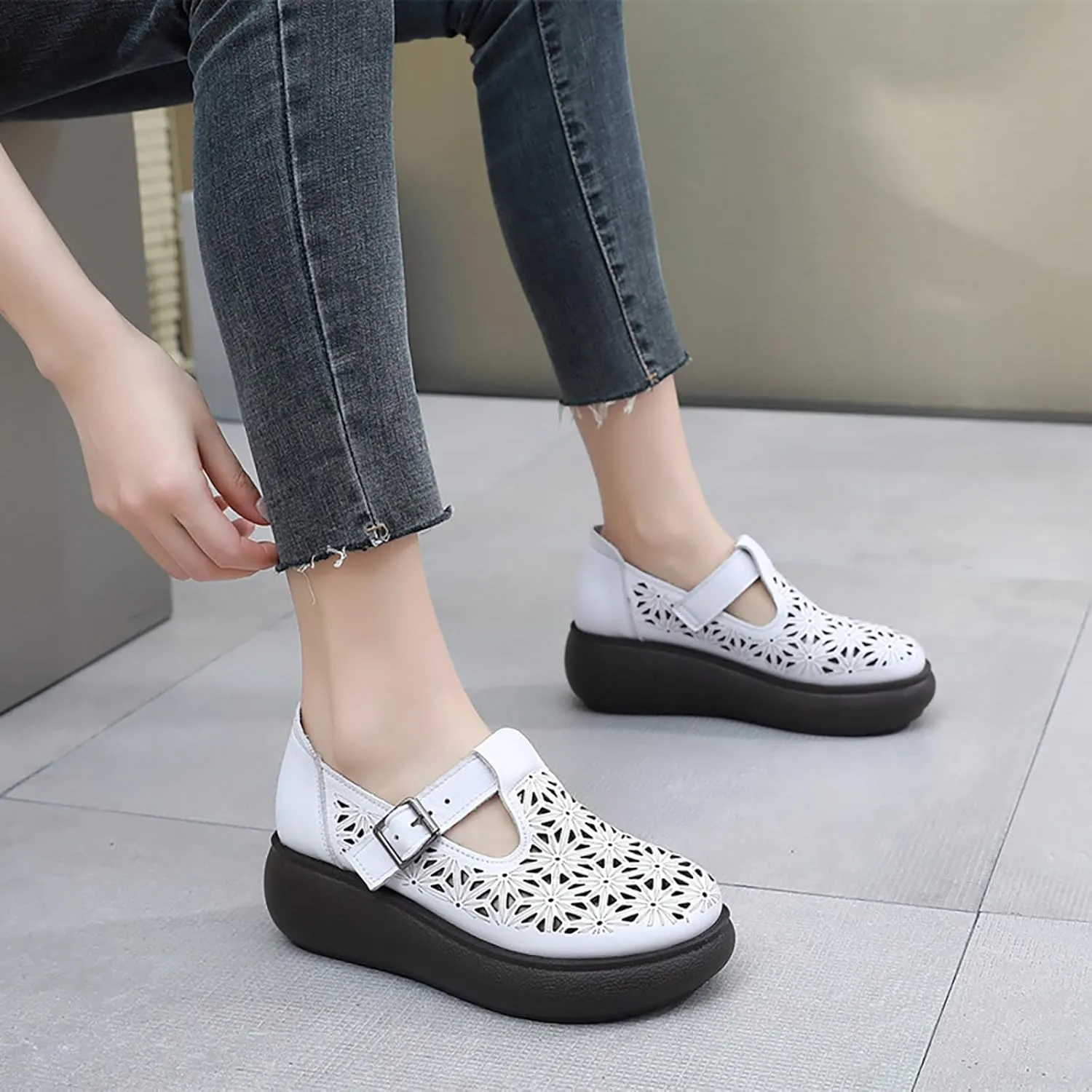 Women's Leather Hollow Platform Mary Janes Adjustable Hook and Loop T-Strap Casual Breathable Chunky Wedge Arch Support Pumps Comfortable Soft Soled Work Dress Dress Walking Shoes